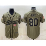 Men's San Francisco 49ers #80 Jerry Rice 2022 Olive Salute to Service Cool Base Stitched Baseball Jersey