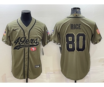 Men's San Francisco 49ers #80 Jerry Rice 2022 Olive Salute to Service Cool Base Stitched Baseball Jersey