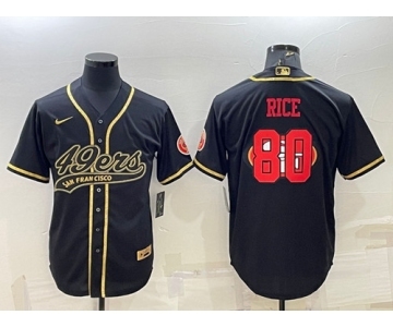 Men's San Francisco 49ers #80 Jerry Rice Black Gold Team Big Logo With Patch Cool Base Stitched Baseball Jersey