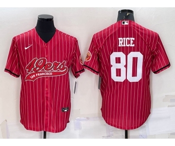 Men's San Francisco 49ers #80 Jerry Rice Red Pinstripe With Patch Cool Base Stitched Baseball Jersey