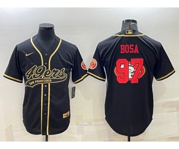 Men's San Francisco 49ers #97 Nick Bosa Black Gold Team Big Logo With Patch Cool Base Stitched Baseball Jersey