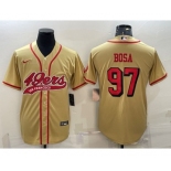 Men's San Francisco 49ers #97 Nick Bosa Gold Color Rush With Patch Cool Base Stitched Baseball Jersey