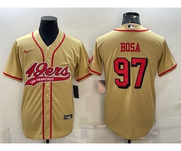 Men's San Francisco 49ers #97 Nick Bosa Gold Color Rush With Patch Cool Base Stitched Baseball Jersey