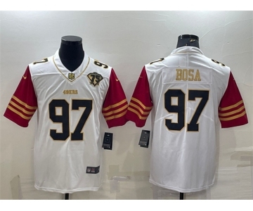 Men's San Francisco 49ers #97 Nick Bosa White Gold Edition With 75TH Patch Limited Stitched Football Jersey