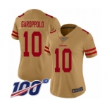 Women's San Francisco 49ers #10 Jimmy Garoppolo Limited Gold Inverted Legend 100th Season Football Jersey