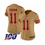 Women's San Francisco 49ers #11 Marquise Goodwin Limited Gold Inverted Legend 100th Season Football Jersey