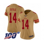 Women's San Francisco 49ers #14 Y.A. Tittle Limited Gold Inverted Legend 100th Season Football Jersey