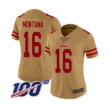 Women's San Francisco 49ers #16 Joe Montana Limited Gold Inverted Legend 100th Season Football Jersey