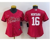 Women's San Francisco 49ers #16 Joe Montana Red Pinstripe With Patch Cool Base Stitched Baseball Jersey