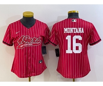 Women's San Francisco 49ers #16 Joe Montana Red Pinstripe With Patch Cool Base Stitched Baseball Jersey