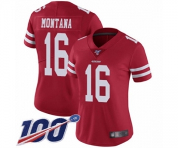 Women's San Francisco 49ers #16 Joe Montana Red Team Color Vapor Untouchable Limited Player 100th Season Football Jersey