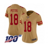 Women's San Francisco 49ers #18 Dante Pettis Limited Gold Inverted Legend 100th Season Football Jersey