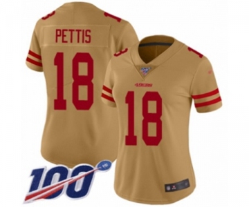 Women's San Francisco 49ers #18 Dante Pettis Limited Gold Inverted Legend 100th Season Football Jersey