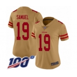 Women's San Francisco 49ers #19 Deebo Samuel Limited Gold Inverted Legend 100th Season Football Jersey