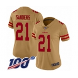 Women's San Francisco 49ers #21 Deion Sanders Limited Gold Inverted Legend 100th Season Football Jersey