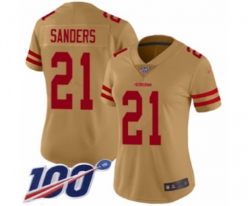 Women's San Francisco 49ers #21 Deion Sanders Limited Gold Inverted Legend 100th Season Football Jersey