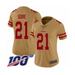 Women's San Francisco 49ers #21 Frank Gore Limited Gold Inverted Legend 100th Season Football Jersey