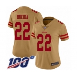 Women's San Francisco 49ers #22 Matt Breida Limited Gold Inverted Legend 100th Season Football Jersey