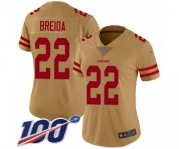 Women's San Francisco 49ers #22 Matt Breida Limited Gold Inverted Legend 100th Season Football Jersey