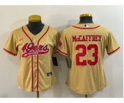 Women's San Francisco 49ers #23 Christian McCaffrey Gold With Patch Cool Base Stitched Baseball Jersey