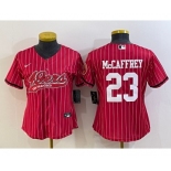 Women's San Francisco 49ers #23 Christian McCaffrey Red Pinstripe With Patch Cool Base Stitched Baseball Jersey