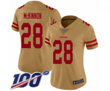 Women's San Francisco 49ers #28 Jerick McKinnon Limited Gold Inverted Legend 100th Season Football Jersey