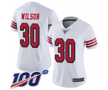 Women's San Francisco 49ers #30 Jeff Wilson Limited White Rush Vapor Untouchable 100th Season Football Jersey