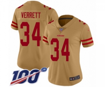 Women's San Francisco 49ers #34 Jason Verrett Limited Gold Inverted Legend 100th Season Football Jersey