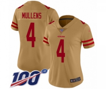 Women's San Francisco 49ers #4 Nick Mullens Limited Gold Inverted Legend 100th Season Football Jersey