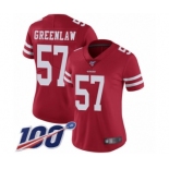 Women's San Francisco 49ers #57 Dre Greenlaw Red Team Color Vapor Untouchable Limited Player 100th Season Football Jersey