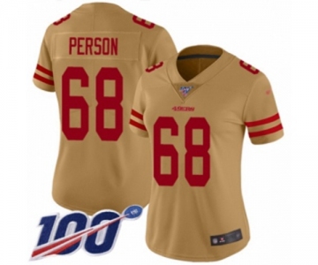 Women's San Francisco 49ers #68 Mike Person Limited Gold Inverted Legend 100th Season Football Jersey