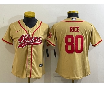 Women's San Francisco 49ers #80 Jerry Rice Gold With Patch Cool Base Stitched Baseball Jersey