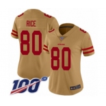 Women's San Francisco 49ers #80 Jerry Rice Limited Gold Inverted Legend 100th Season Football Jersey