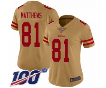 Women's San Francisco 49ers #81 Jordan Matthews Limited Gold Inverted Legend 100th Season Football Jersey