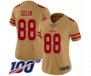 Women's San Francisco 49ers #88 Garrett Celek Limited Gold Inverted Legend 100th Season Football Jersey