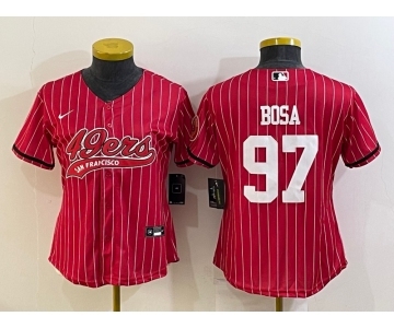 Women's San Francisco 49ers #97 Nick Bosa Red Pinstripe With Patch Cool Base Stitched Baseball Jersey