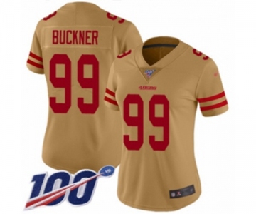 Women's San Francisco 49ers #99 DeForest Buckner Limited Gold Inverted Legend 100th Season Football Jersey