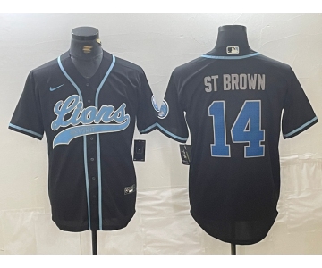 Men's Detroit Lions #14 Amon-Ra St. Brown Black Cool Base Stitched Baseball Jersey