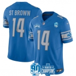 Men's Detroit Lions #14 Amon-Ra St. Brown Blue 2023 90th Anniversary North Division Champions Patch Limited Stitched Jersey