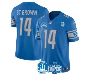 Men's Detroit Lions #14 Amon-Ra St. Brown Blue 2023 90th Anniversary North Division Champions Patch Limited Stitched Jersey