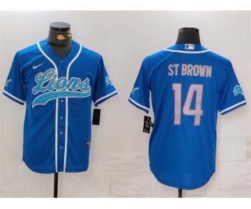 Men's Detroit Lions #14 Amon-Ra St. Brown Blue Cool Base Stitched Baseball Jersey