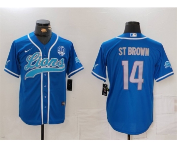 Men's Detroit Lions #14 Amon-Ra St. Brown Blue With 90th Anniversary Patch Cool Base Stitched Baseball Jersey