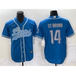 Men's Detroit Lions #14 Amon Ra St Brown Blue With Patch Cool Base Stitched Baseball Jersey