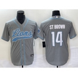 Men's Detroit Lions #14 Amon Ra St Brown Grey With Patch Cool Base Stitched Baseball Jersey