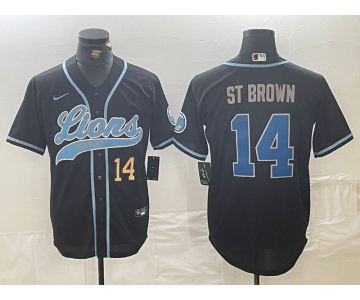 Men's Detroit Lions #14 Amon-Ra St. Brown Number Black Cool Base Stitched Baseball Jersey