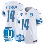 Men's Detroit Lions #14 Amon-Ra St. Brown White 2023 90th Anniversary North Division Champions Patch Limited Stitched Jersey