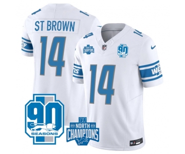 Men's Detroit Lions #14 Amon-Ra St. Brown White 2023 90th Anniversary North Division Champions Patch Limited Stitched Jersey