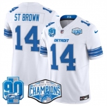 Men's Detroit Lions #14 Amon-Ra St. Brown White 2024 NFC North Champions 90th Anniversary Patch F.U.S.E. Vapor Limited Stitched Jersey