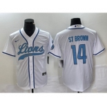 Men's Detroit Lions #14 Amon Ra St Brown White With Patch Cool Base Stitched Baseball Jersey