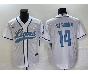 Men's Detroit Lions #14 Amon Ra St Brown White With Patch Cool Base Stitched Baseball Jersey